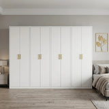 320cm 8-Door White Steel 2 Hanging and 2 Shelf Wardrobe, No Above Storage - Gold Handle