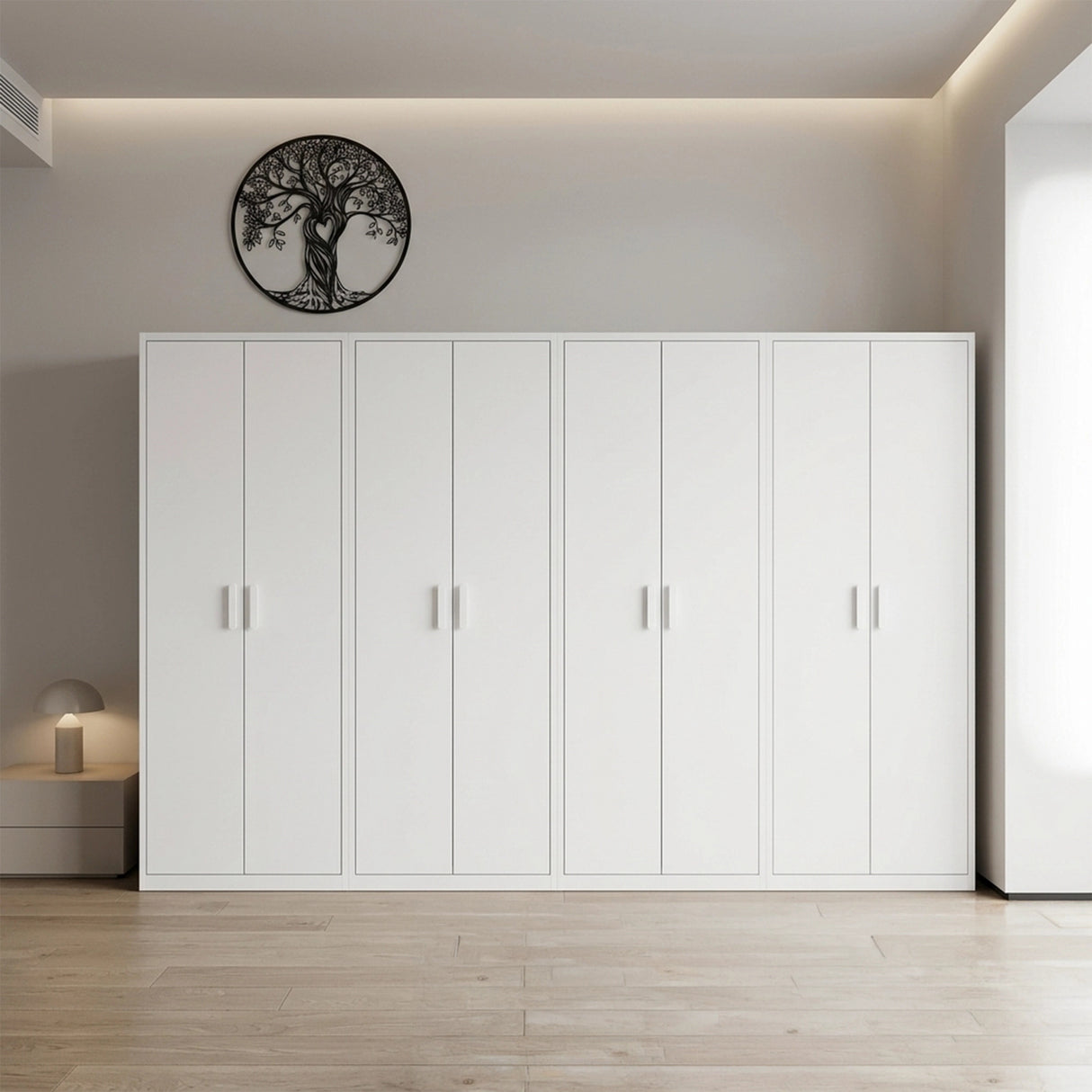 320cm 8-Door White Steel 2 Hanging and 2 Shelf Wardrobe, No Above Storage - White Handle