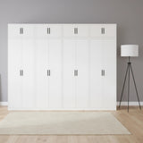 320cm 8-Door White Steel 1 Hanging and 3 Shelf Wardrobe, Above Storage - Black Handle