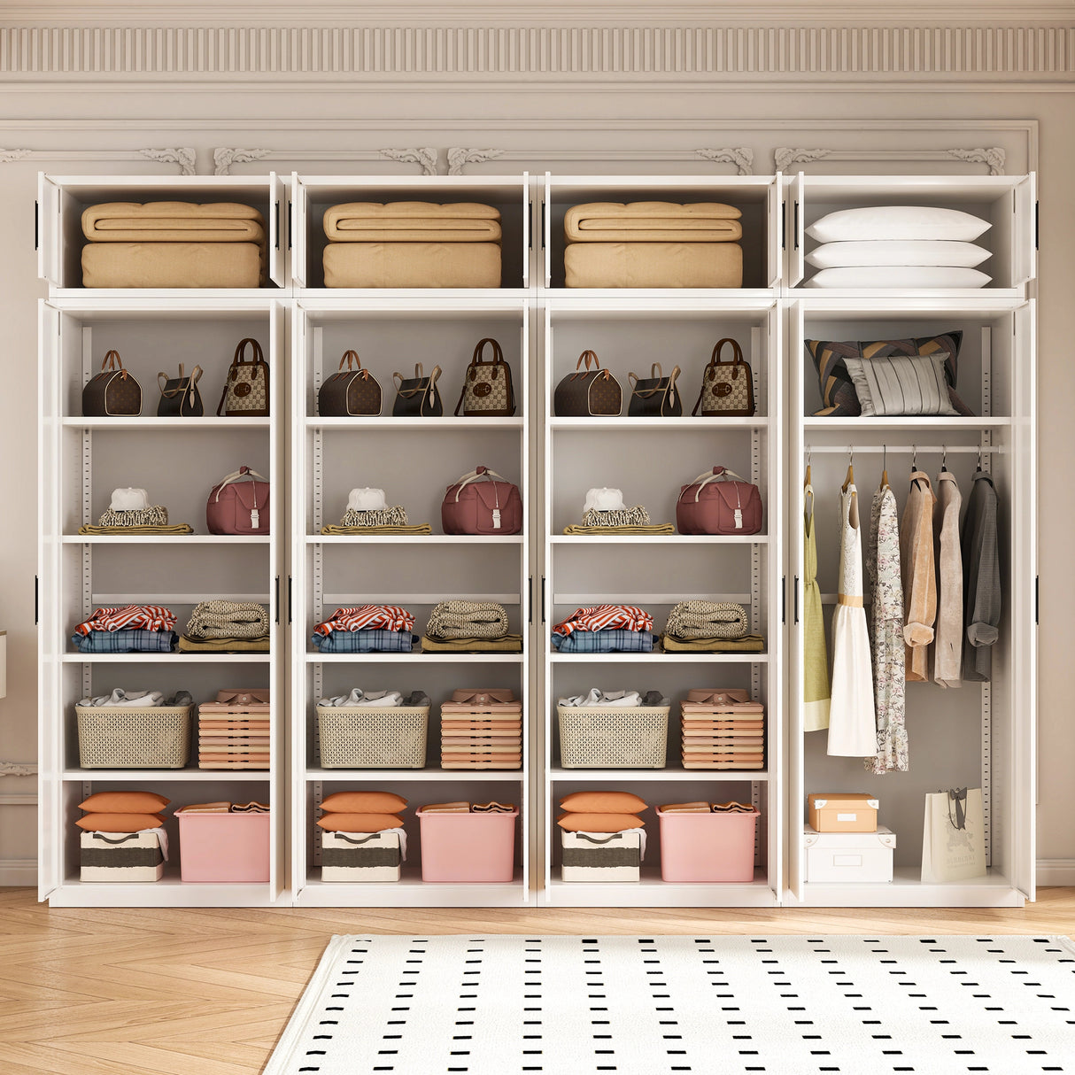 320cm 8-Door White Steel 1 Hanging and 3 Shelf Wardrobe, Above Storage - Black Handle