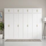 320cm 8-Door White Steel 1 Hanging and 3 Shelf Wardrobe, Above Storage - Gold Handle
