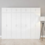 320cm 8-Door White Steel 1 Hanging and 3 Shelf Wardrobe, Above Storage - White Handle