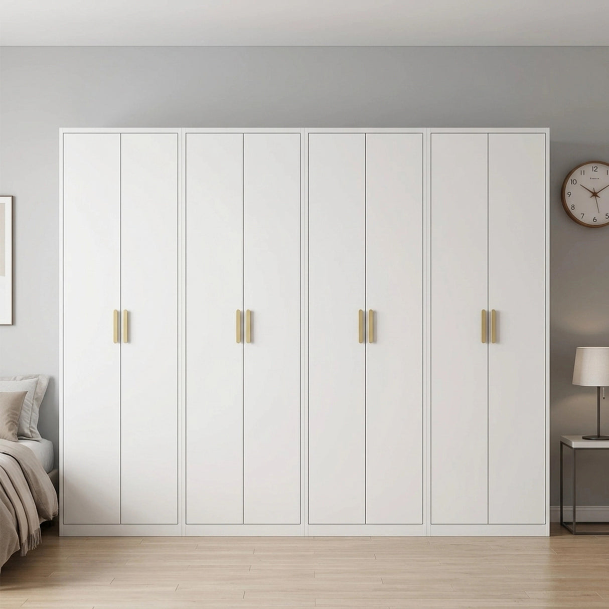 320cm 8-Door White Steel 1 Hanging and 3 Shelf Wardrobe, No Above Storage - Gold Handle