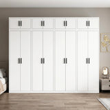 320cm 8-Door White Steel 4 Hanging Wardrobe, Above Storage - Black Handle