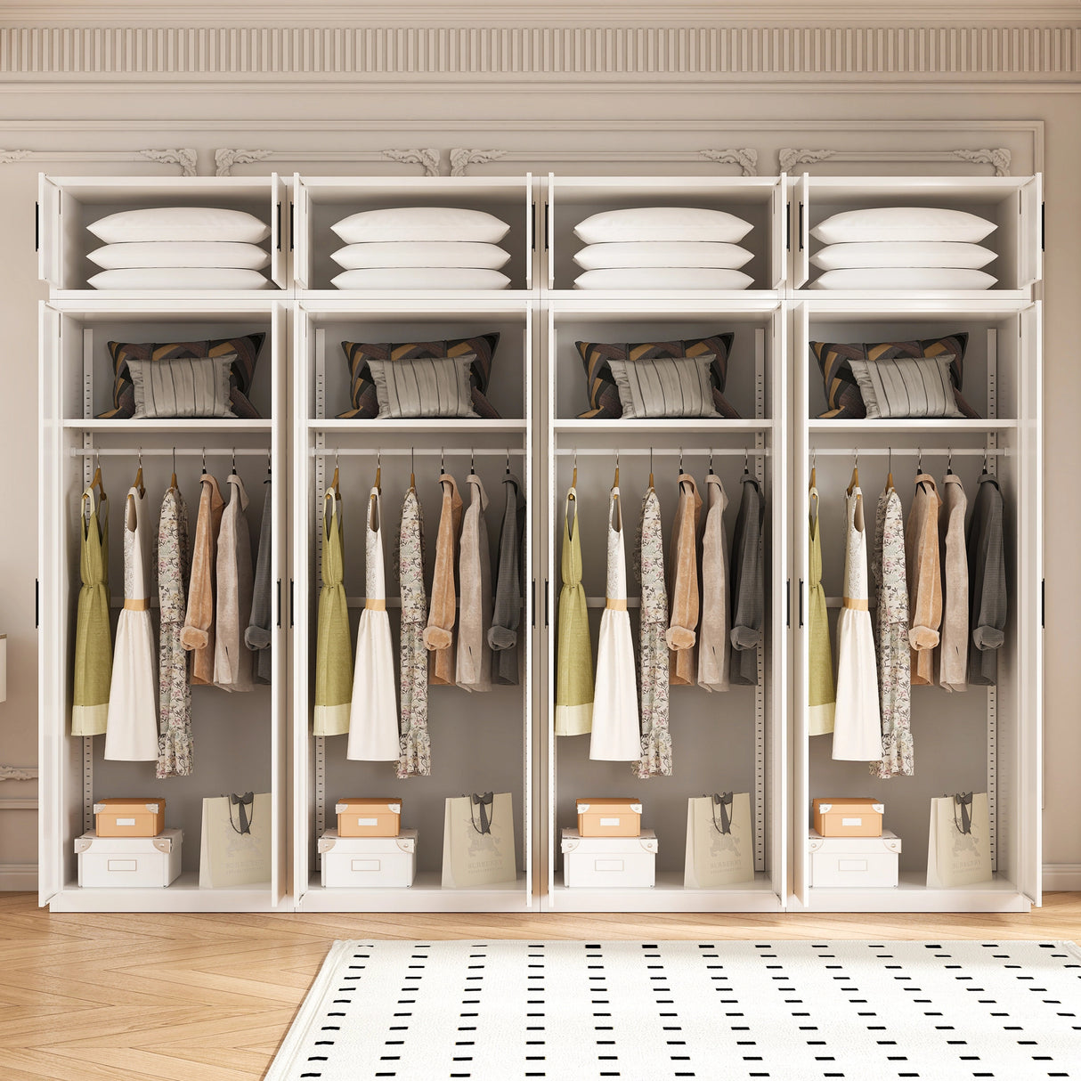 320cm 8-Door White Steel 4 Hanging Wardrobe, Above Storage - Black Handle