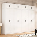 320cm 8-Door White Steel 4 Hanging Wardrobe, Above Storage - Black Handle - Side View