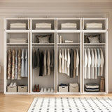 320cm 8-Door White Steel 4 Hanging Wardrobe, Above Storage - Gold Handle - Front View