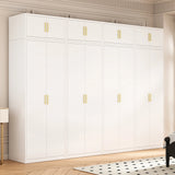 320cm 8-Door White Steel 4 Hanging Wardrobe, Above Storage - Gold Handle