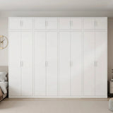 320cm 8-Door White Steel 4 Hanging Wardrobe, Above Storage - White Handle