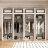 320cm 8-Door White Steel 4 Hanging Wardrobe, Above Storage - White Handle - Front View