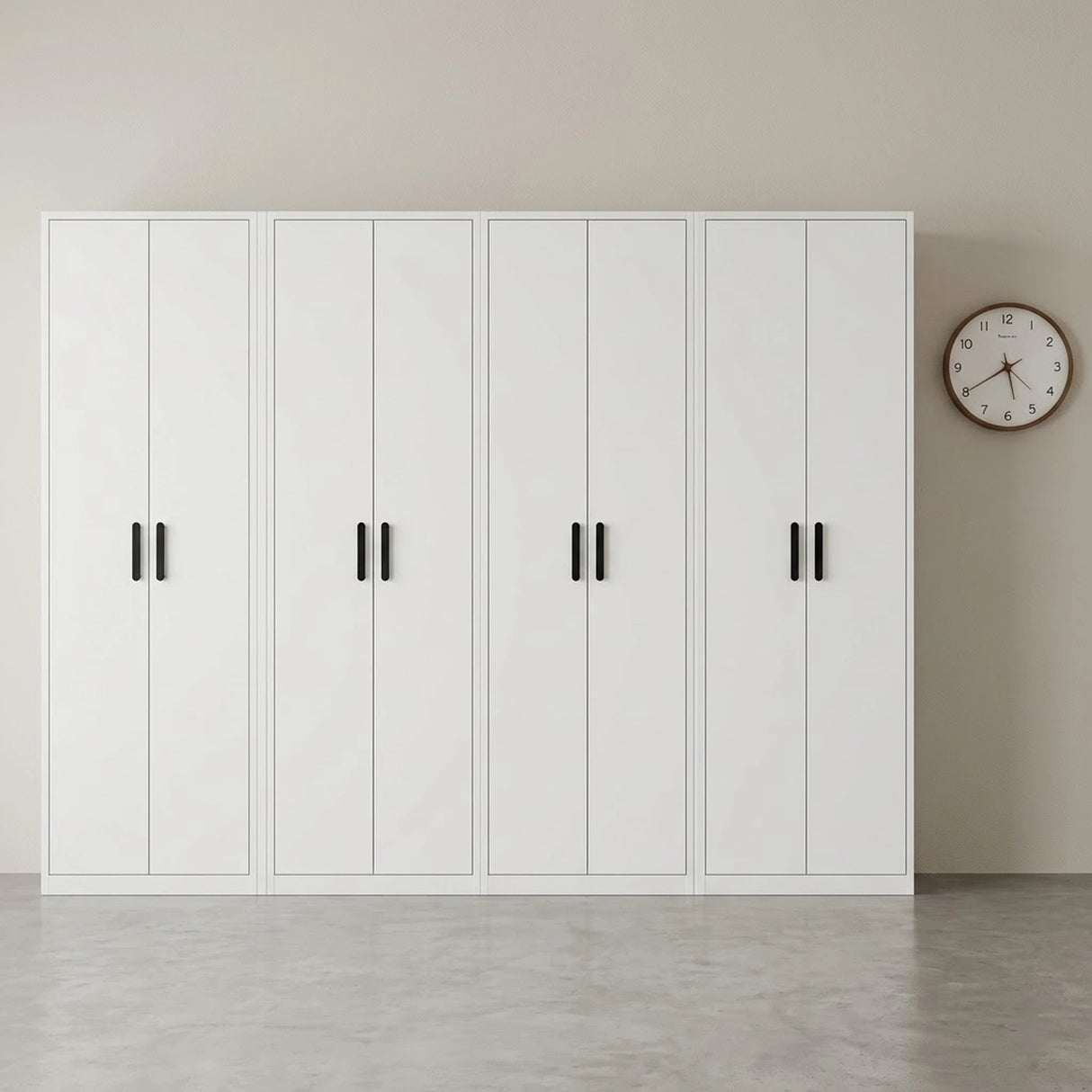 320cm 8-Door White Steel 4 Hanging Wardrobe, No Above Storage - Black Handle