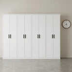 320cm 8-Door White Steel 4 Hanging Wardrobe, No Above Storage - Black Handle