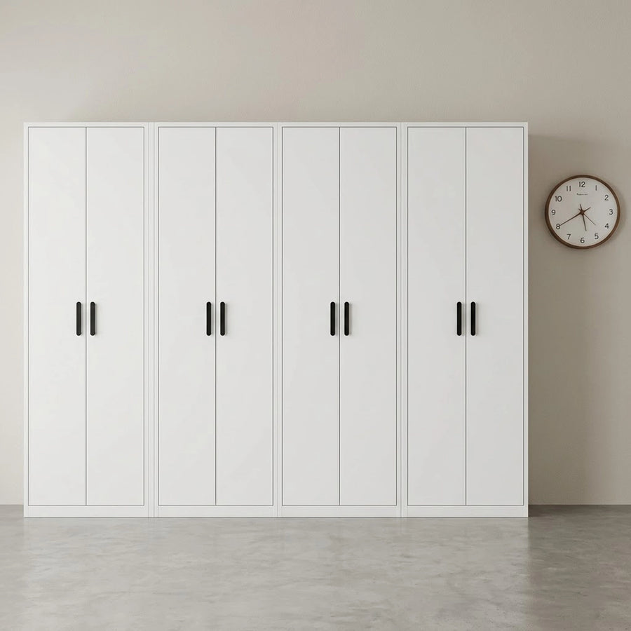 320cm 8-Door White Steel 4 Hanging Wardrobe, No Above Storage - Black Handle
