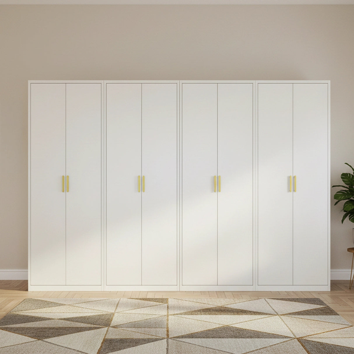 320cm 8-Door White Steel 4 Hanging Wardrobe, No Above Storage - Gold Handle