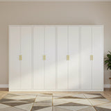 320cm 8-Door White Steel 4 Hanging Wardrobe, No Above Storage - Gold Handle