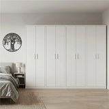 320cm 8-Door White Steel 4 Hanging Wardrobe, No Above Storage - White Handle