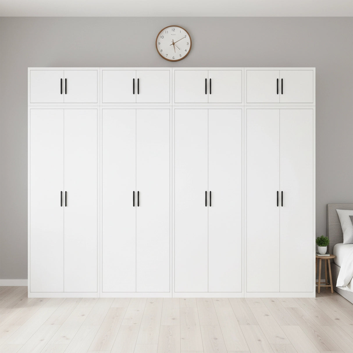 320cm 8-Door White Steel 4 Shelf Wardrobe, Above Storage - Black Handle