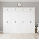 320cm 8-Door White Steel 4 Shelf Wardrobe, Above Storage - Black Handle