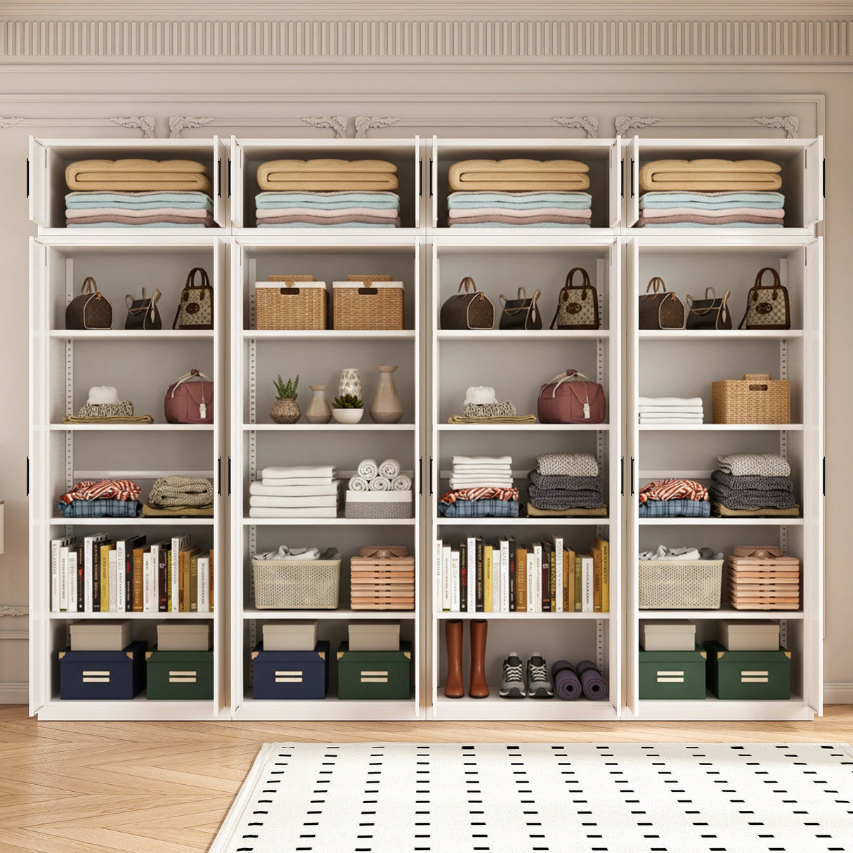 320cm 8-Door White Steel 4 Shelf Wardrobe, Above Storage - Black Handle