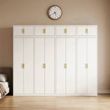 320cm 8-Door White Steel 4 Shelf Wardrobe, Above Storage - Gold Handle