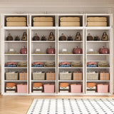 320cm 8-Door White Steel 4 Shelf Wardrobe, Above Storage - Gold Handle