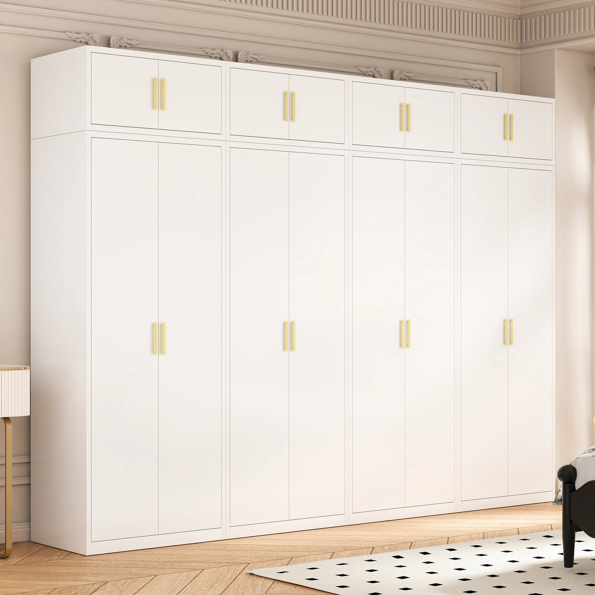 320cm 8-Door White Steel 4 Shelf Wardrobe, Above Storage - Gold Handle