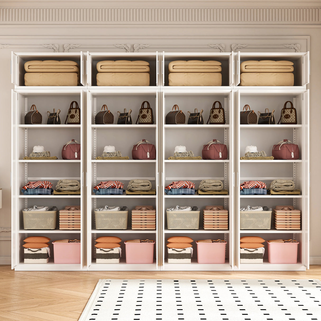 320cm 8-Door White Steel 4 Shelf Wardrobe, Above Storage - White Handle