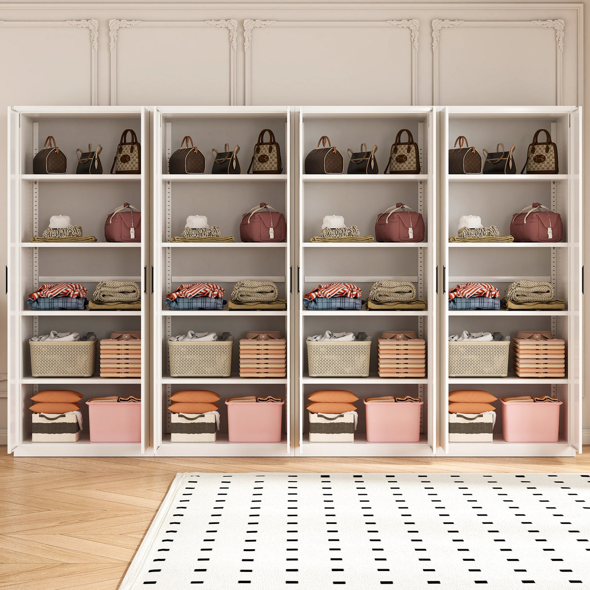 320cm 8-Door White Steel 4 Shelf Wardrobe, No Above Storage - Black Handle