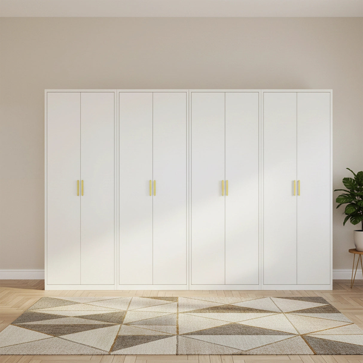 320cm 8-Door White Steel 4 Shelf Wardrobe, No Above Storage - Gold Handle
