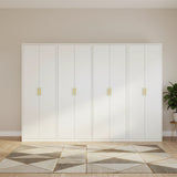 320cm 8-Door White Steel 4 Shelf Wardrobe, No Above Storage - Gold Handle