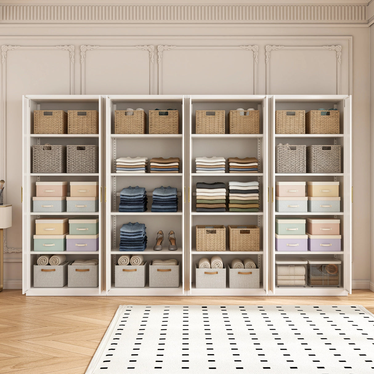 320cm 8-Door White Steel 4 Shelf Wardrobe, No Above Storage - Gold Handle