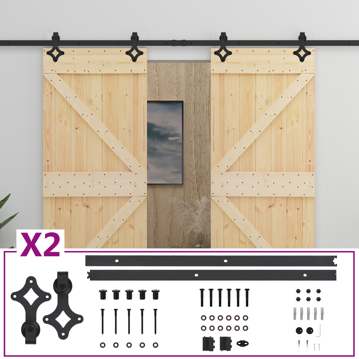 Sliding Door 2 pcs Natural and Black Solid Pine Wood
