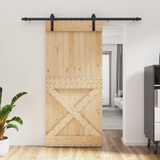 Sliding Door Natural and Black 95 x 210 cm Solid Pine Wood - Front View