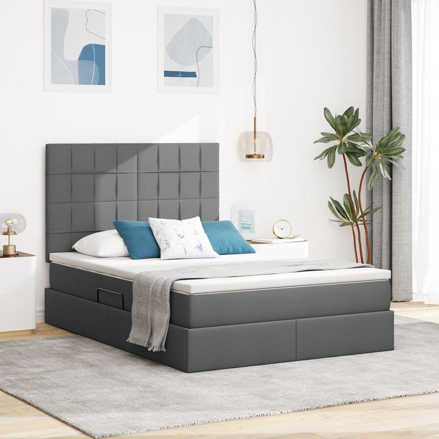 LED Storage Bed with Mattress Dark Grey 152 x 203 cm Fabric