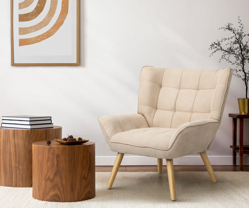 Oikiture 2x Armchair Sofa Lounge Fabric Upholstered Tub Beige