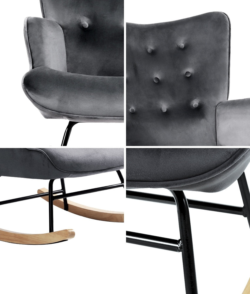 Oikiture Rocking Chair Armchair Velvet Accent Chairs Fabric Upholstered Grey