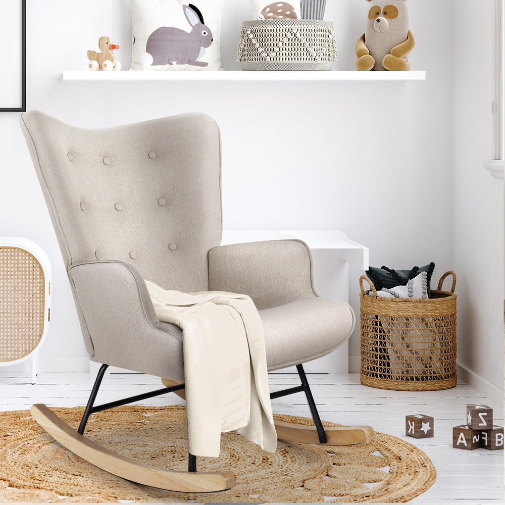 Oikiture Rocking Chair Nursing Armchair Velvet Accent Chairs Upholstered Beige