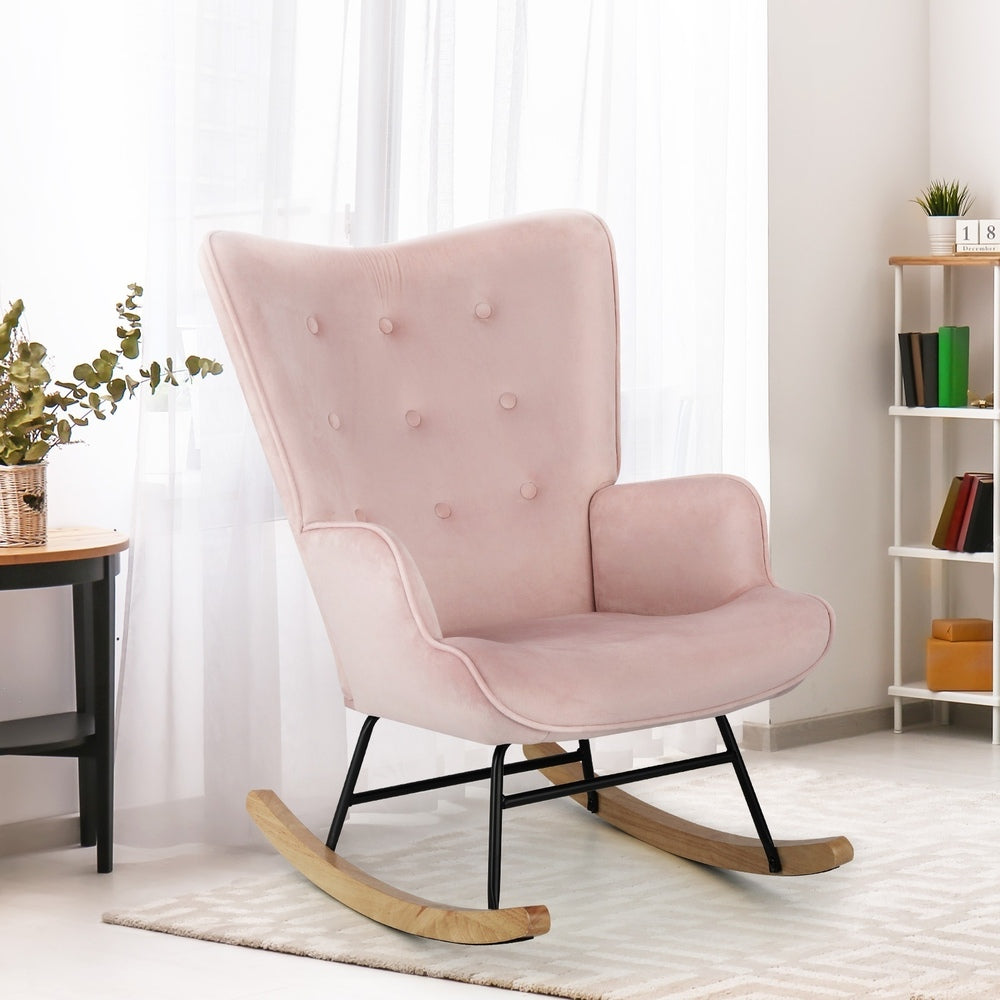 Oikiture Rocking Chair Nursing Armchair Velvet Accent Chairs Upholstered Pink