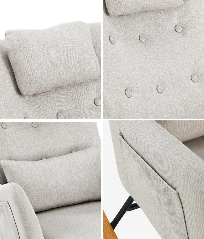 Oikiture Rocking Chair Nursing Armchair Linen Accent Chairs With 2 Pillow Beige