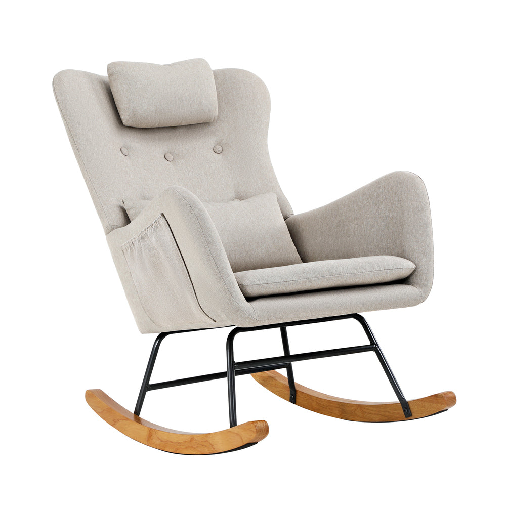 Oikiture 2x Rocking Chair Nursing Armchair Linen 2 Pillow Beige