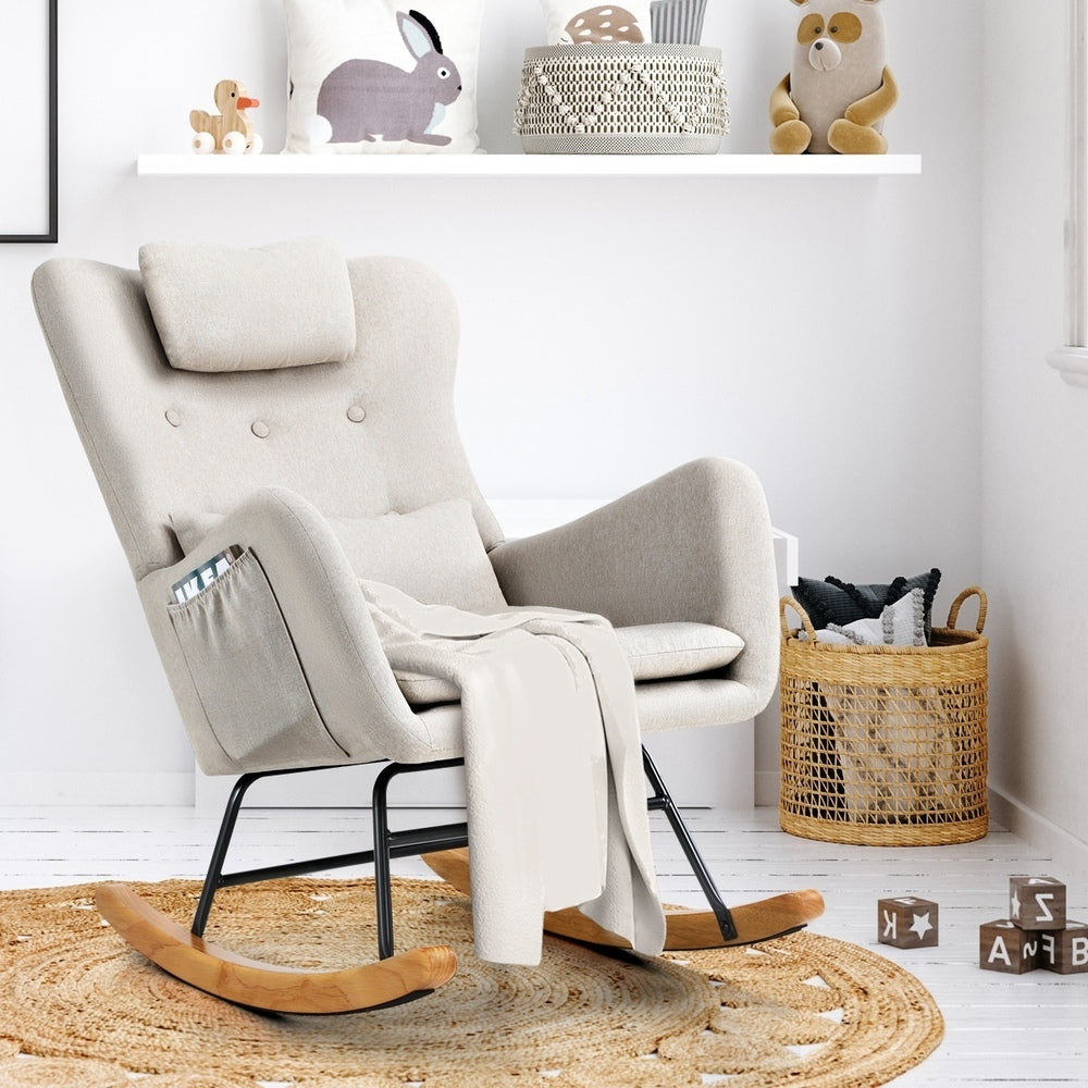 Oikiture 4x Rocking Chair Nursing Armchair Linen 2 Pillow Beige