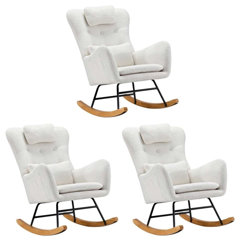 Oikiture 3x Rocking Chair Nursing Armchair Sherpa 2 Pillow White