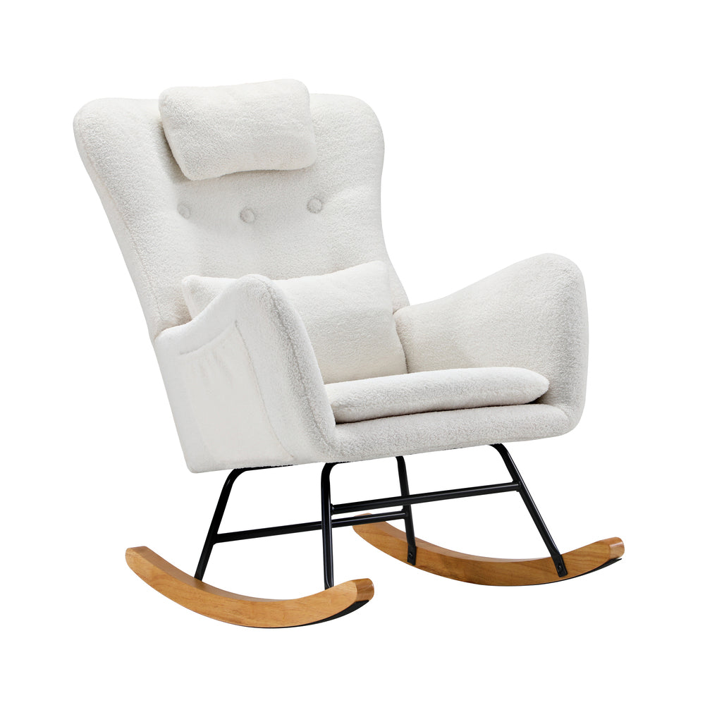 Oikiture 3x Rocking Chair Nursing Armchair Sherpa 2 Pillow White