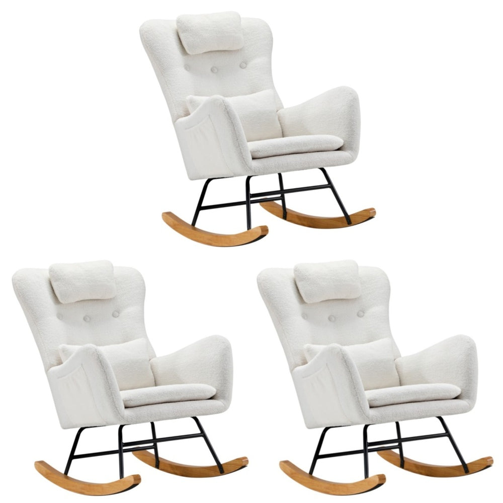 Oikiture 3x Rocking Chair Nursing Armchair Sherpa 2 Pillow White