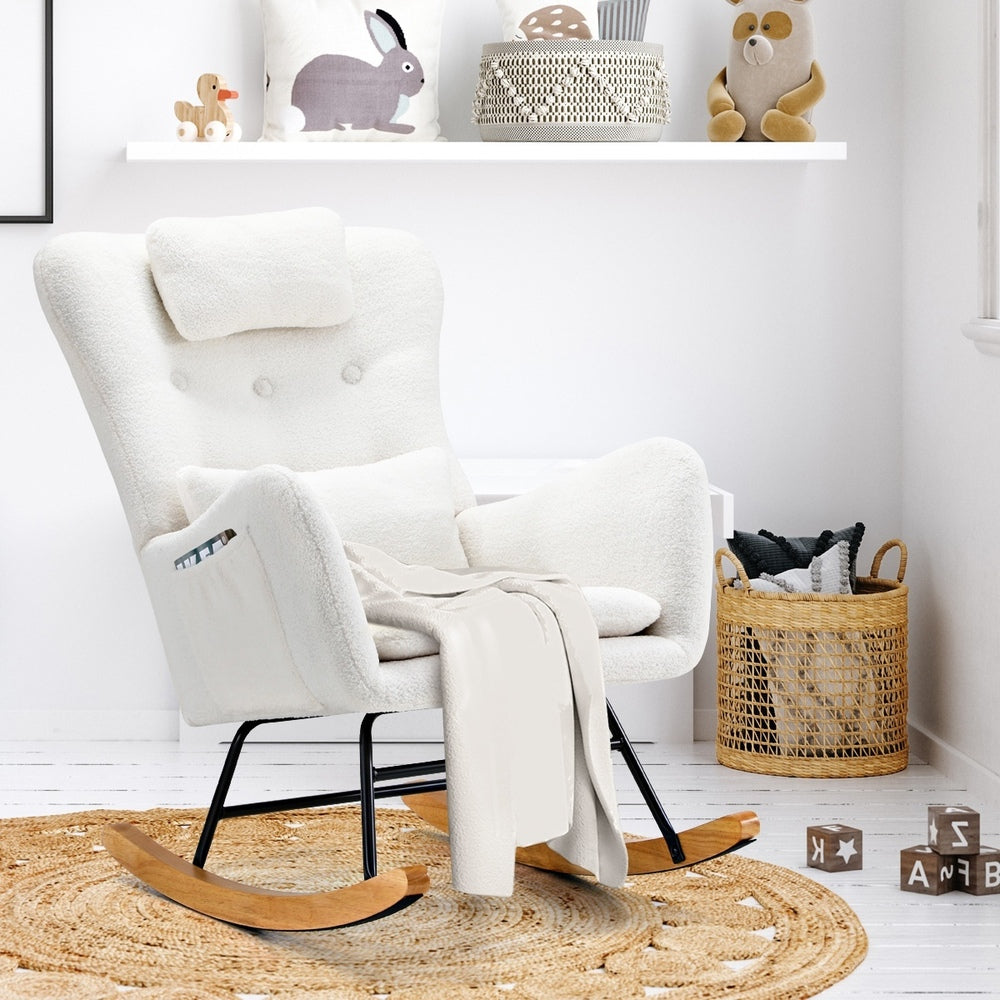Oikiture 3x Rocking Chair Nursing Armchair Sherpa 2 Pillow White