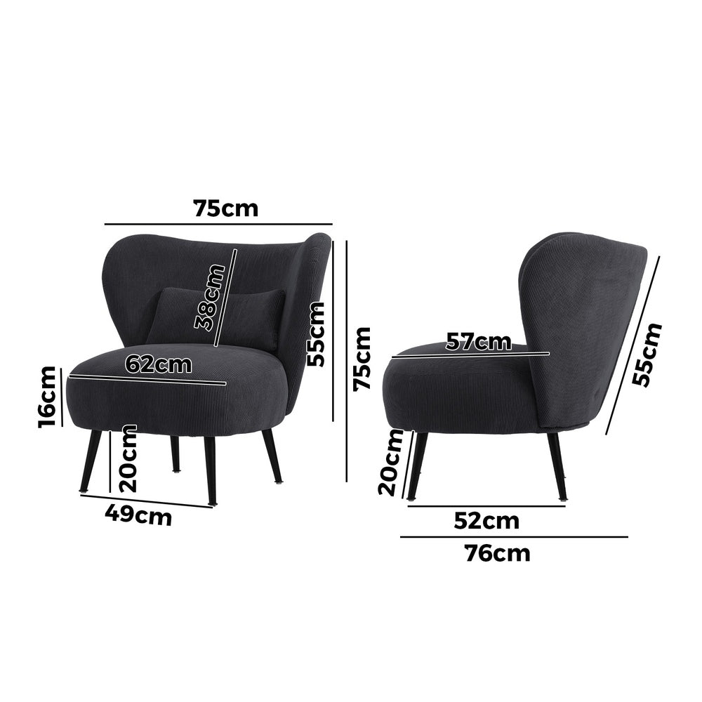 Oikiture 4x Armchair with Lumbar Pillow Wingback Velvet Charcoal