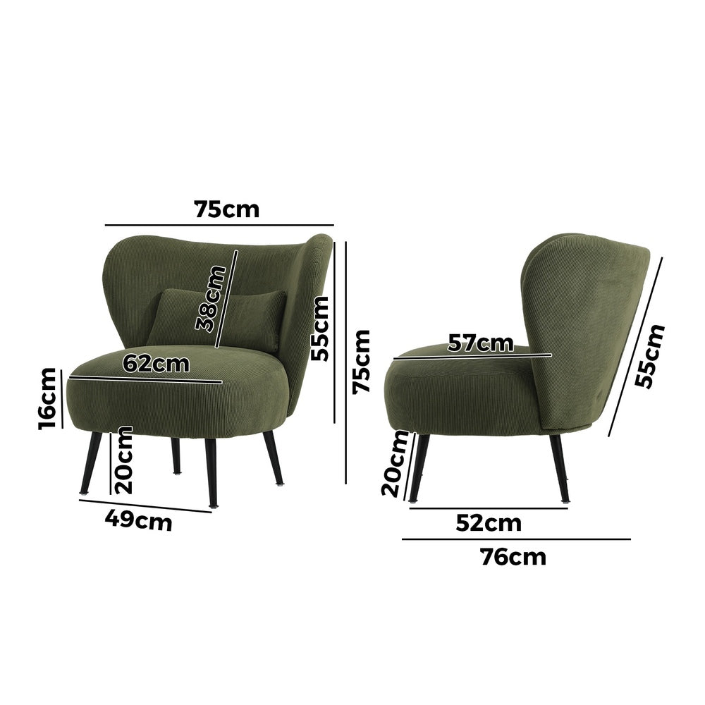 Oikiture 2x Armchair with Lumbar Pillow Wingback Velvet Green