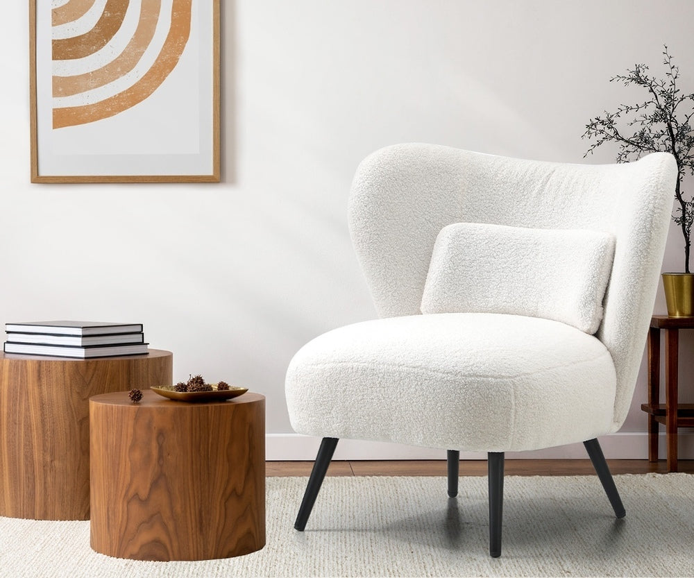 Oikiture 3x Armchair with Lumbar Pillow Wingback Boucle White