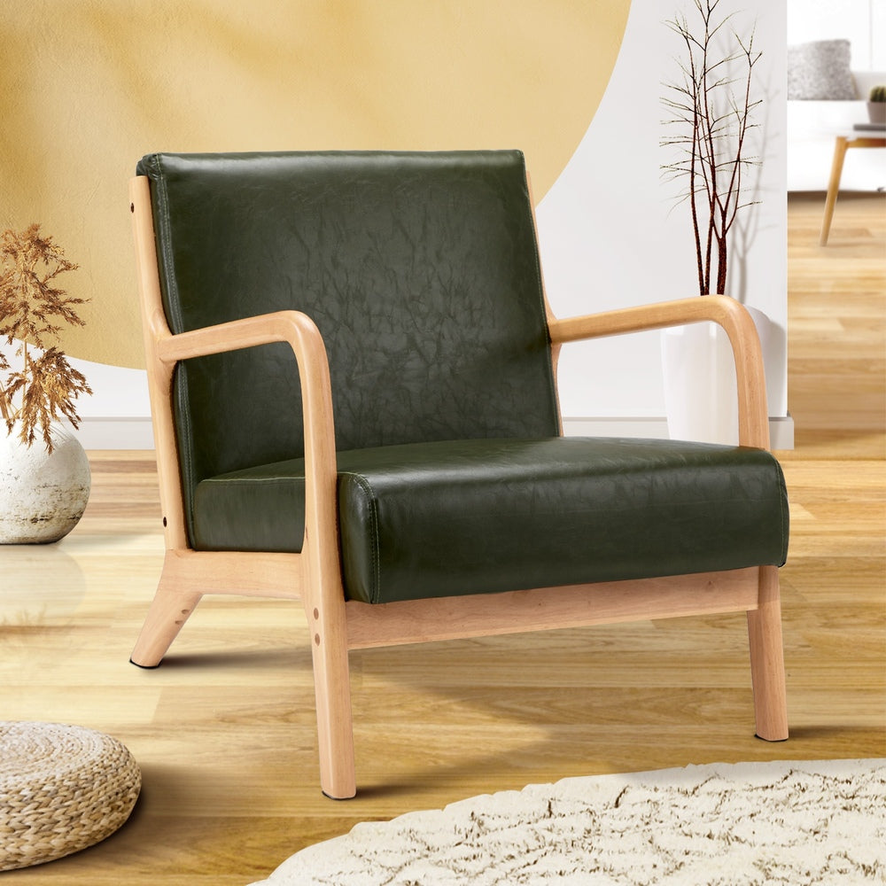 Oikiture Armchair Lounge Chair Couches Sofa Wood PU Green