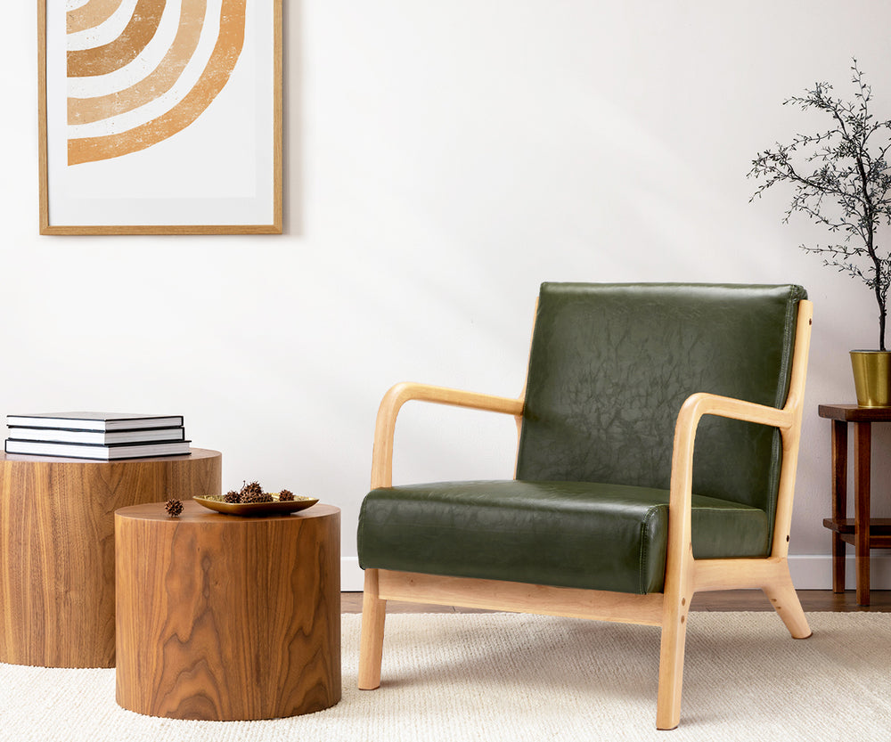 Oikiture Armchair Lounge Chair Couches Sofa Wood PU Green